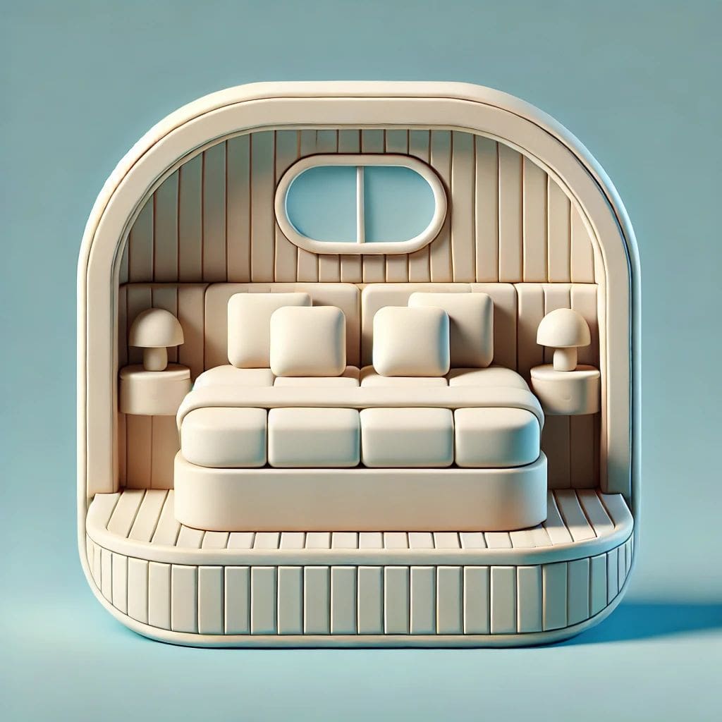 marine cabin interior, featuring a cozy bed with soft, rounded shapes and marine-style upholstery. The bed