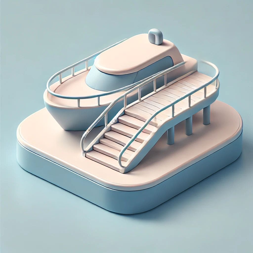 modern boarding passerelle, designed with smooth, rounded shapes and soft pastel colors