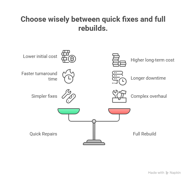 Choose wisely between quick fixes and full rebuilds. Choose wisely between quick fixes and full rebuilds.