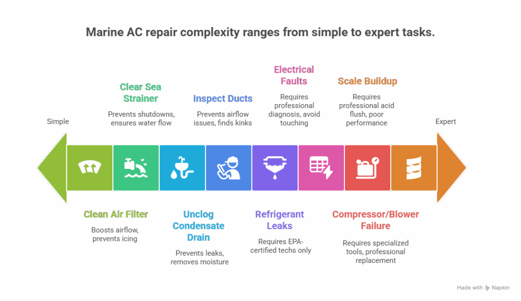 Marine AC repair complexity ranges from simple to expert tasks.